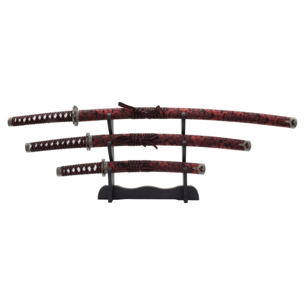 Set Katana Wakizashi Tanto rouge décoratif avec support