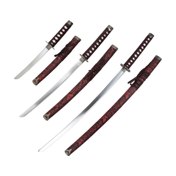Set Katana Wakizashi Tanto rouge décoratif avec support