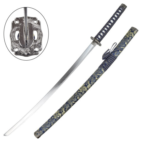 Set Katana Wakizashi Tanto ornemental bleu avec support