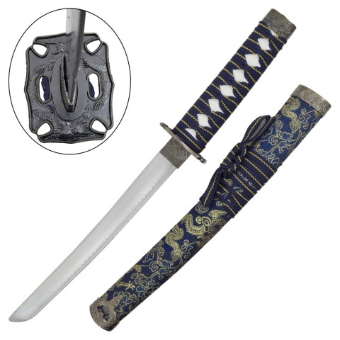 Set Katana Wakizashi Tanto ornemental bleu avec support