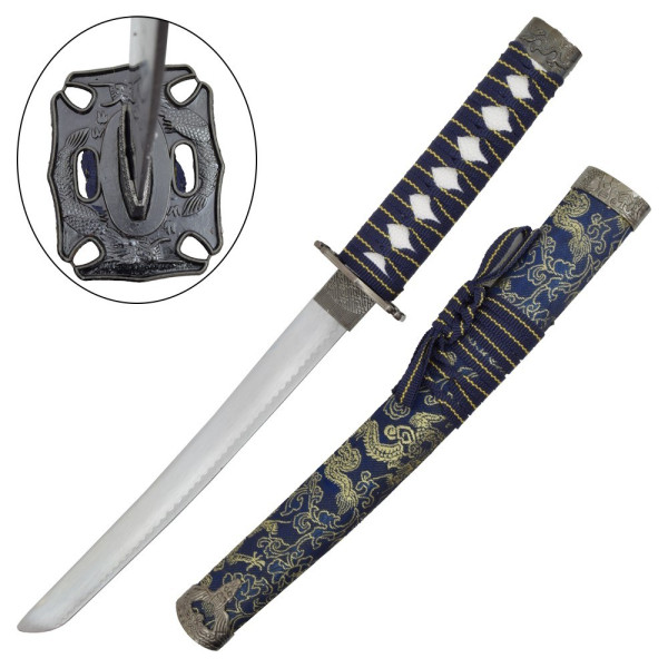 Set Katana Wakizashi Tanto ornemental bleu avec support