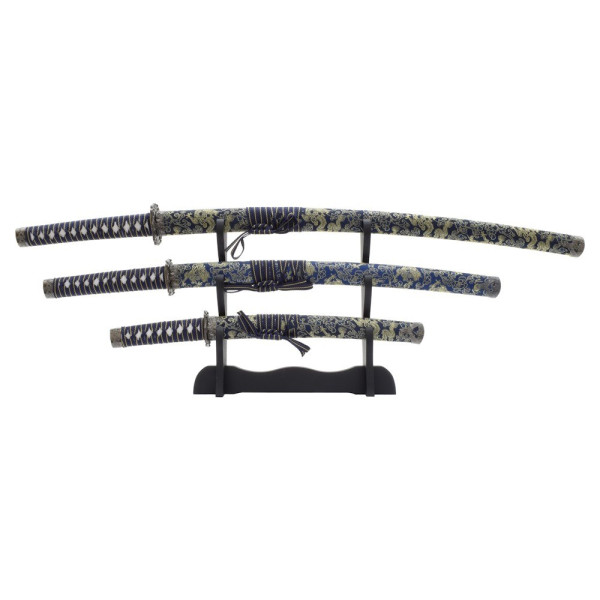 Set Katana Wakizashi Tanto ornemental bleu avec support