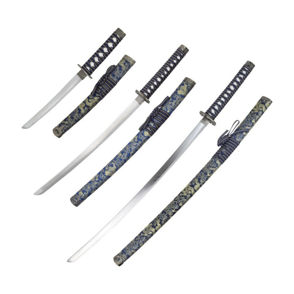 Set Katana Wakizashi Tanto ornemental bleu avec support