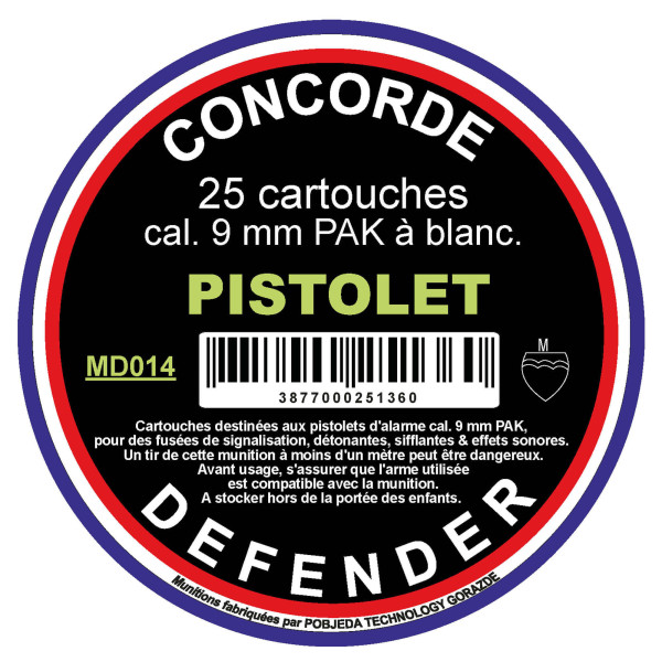 25 cartouches à blanc 9 mm Pak Concorde Defender fiables