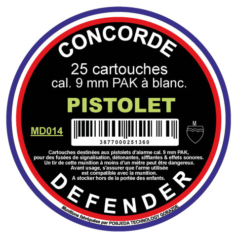 25 cartouches à blanc 9 mm Pak Concorde Defender fiables