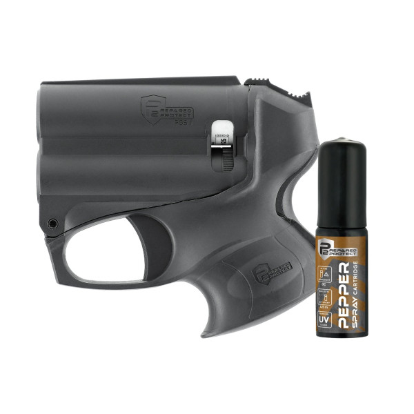 Kit pistolet PGS II Black Prepared 2 Protect P2P avec lampe 200 lumens et bombe poivre 11 ml
