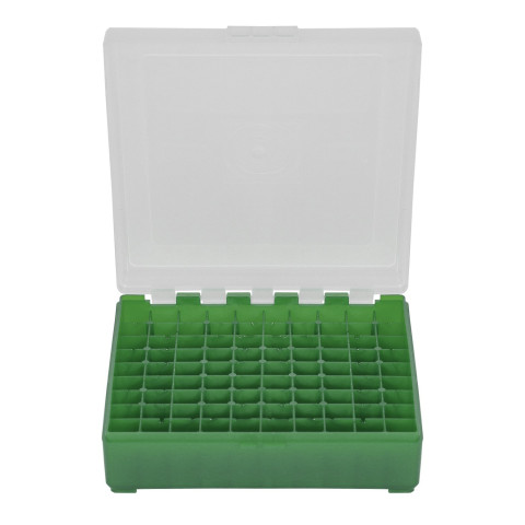 Boîte de rangement munitions cal 9mm Megaline couvercle transparent 100 cartouches verte