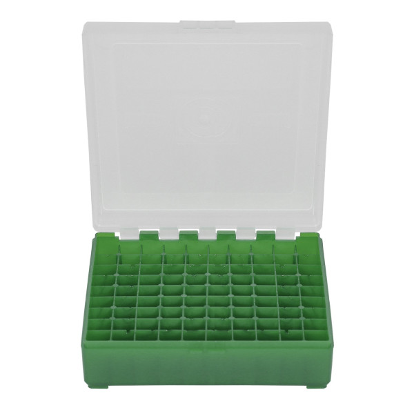 Boîte de rangement munitions cal 9mm Megaline couvercle transparent 100 cartouches verte