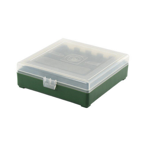 Boîte de rangement munitions cal 9mm Megaline couvercle transparent 100 cartouches verte