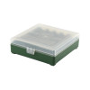 Boîte de rangement munitions cal 9mm Megaline couvercle transparent 100 cartouches verte