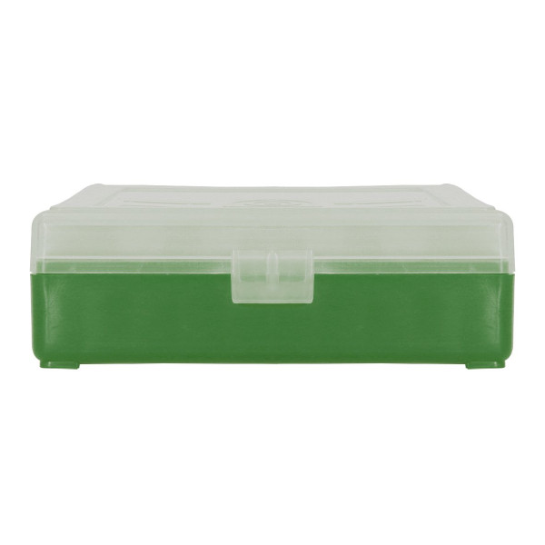 Boîte de rangement munitions cal 9mm Megaline couvercle transparent 100 cartouches verte