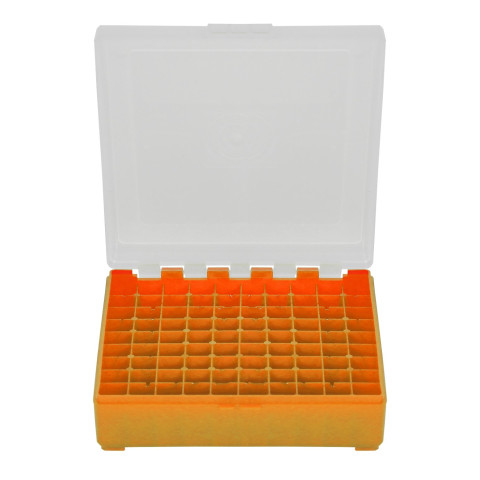 Boîte de rangement 100 munitions cal 9mm Megaline orange couvercle transparent