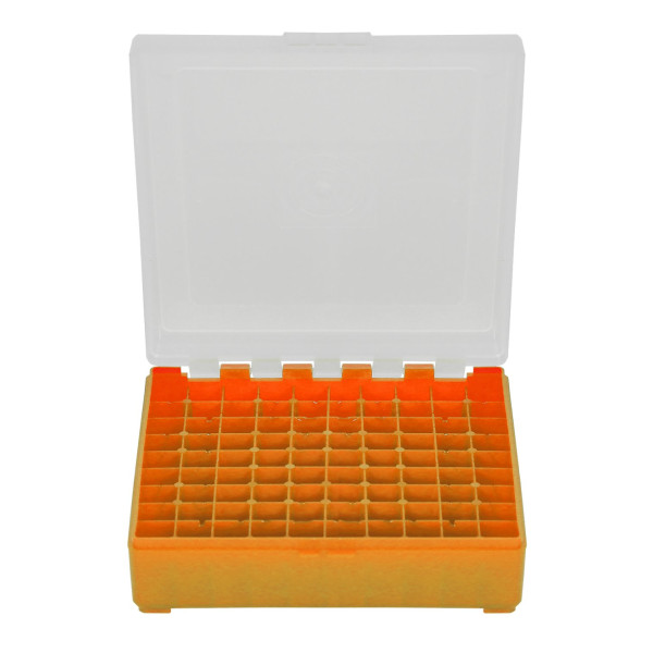 Boîte de rangement 100 munitions cal 9mm Megaline orange couvercle transparent