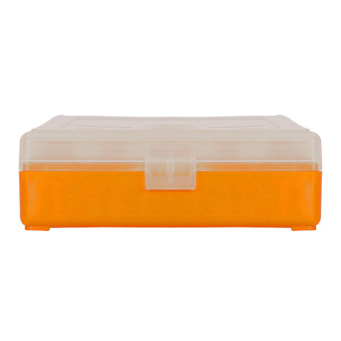 Boîte de rangement 100 munitions cal 9mm Megaline orange couvercle transparent
