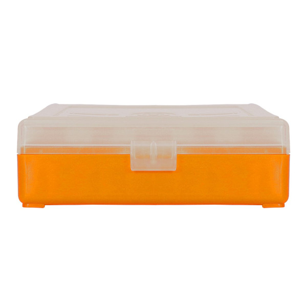 Boîte de rangement 100 munitions cal 9mm Megaline orange couvercle transparent
