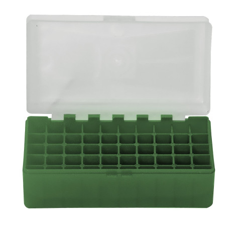 Boîte de rangement munitions calibre 223 Megaline couvercle transparent 50 cartouches verte