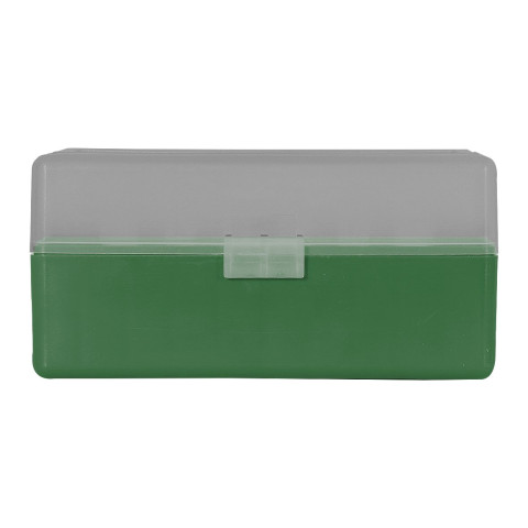 Boîte de rangement munitions calibre 223 Megaline couvercle transparent 50 cartouches verte