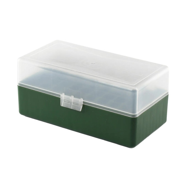 Boîte de rangement munitions calibre 223 Megaline couvercle transparent 50 cartouches verte