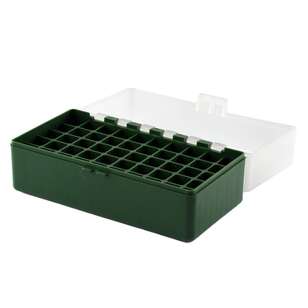 Boîte de rangement munitions calibre 223 Megaline couvercle transparent 50 cartouches verte
