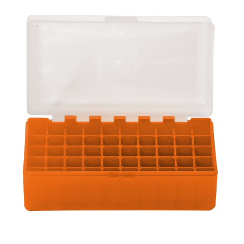 Boîte de rangement munitions calibre 223 Megaline orange couvercle transparent 50 cartouches