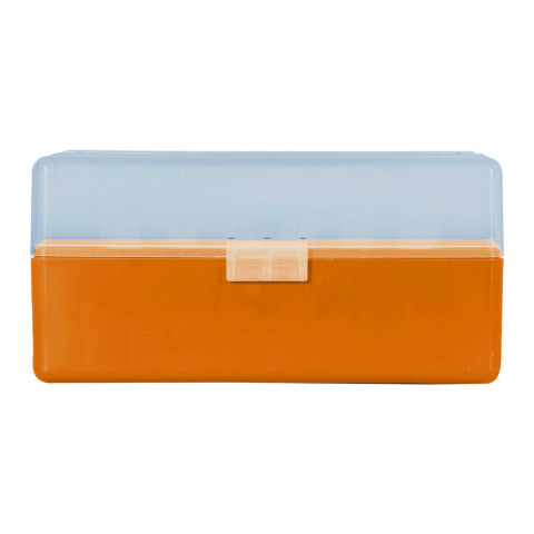 Boîte de rangement munitions calibre 223 Megaline orange couvercle transparent 50 cartouches