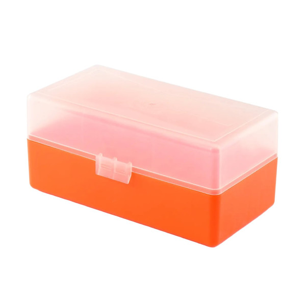 Boîte de rangement munitions calibre 223 Megaline orange couvercle transparent 50 cartouches