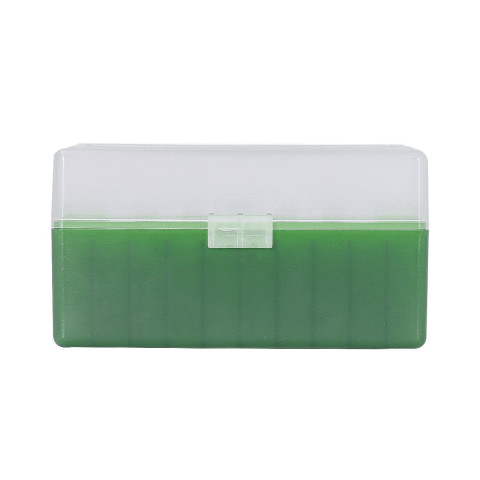 Boîte de rangement munitions Megaline cal. 243 verte couvercle transparent 50 cartouches