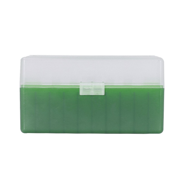 Boîte de rangement munitions Megaline cal. 243 verte couvercle transparent 50 cartouches