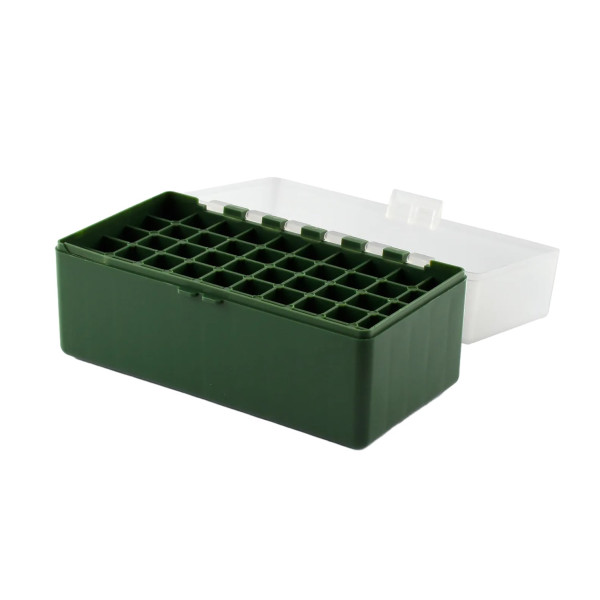 Boîte de rangement munitions Megaline cal. 243 verte couvercle transparent 50 cartouches