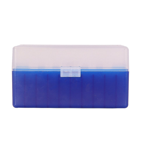 Boîte de rangement munitions Megaline calibre 243 bleue couvercle transparent 50 cartouches