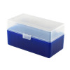 Boîte de rangement munitions Megaline calibre 243 bleue couvercle transparent 50 cartouches
