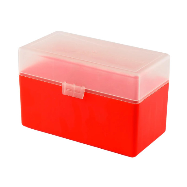 Boîte de rangement munitions Megaline rouge couvercle transparent 50 cartouches calibre 30-06