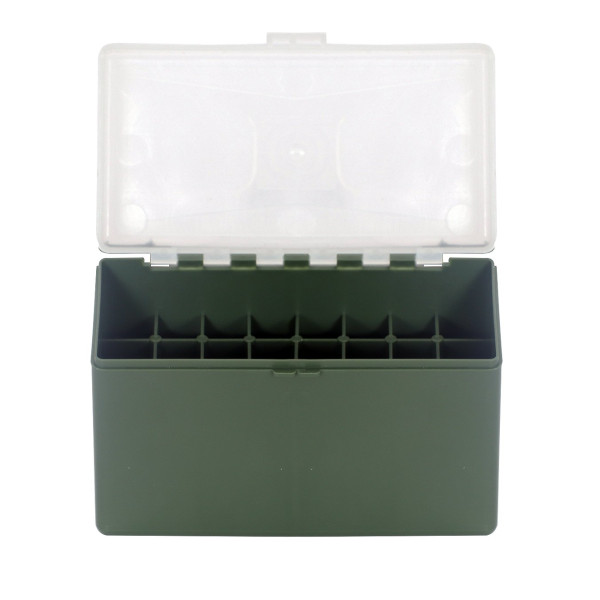 Boîte de rangement munitions Megaline calibre 338 Lapua Magnum verte couvercle transparent 32 cartouches