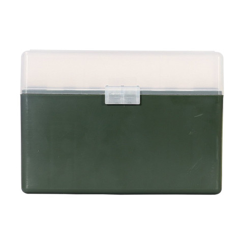Boîte de rangement munitions Megaline calibre 338 Lapua Magnum verte couvercle transparent 32 cartouches