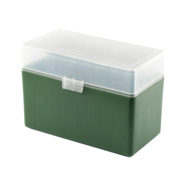 Boîte de rangement munitions Megaline calibre 338 Lapua Magnum verte couvercle transparent 32 cartouches