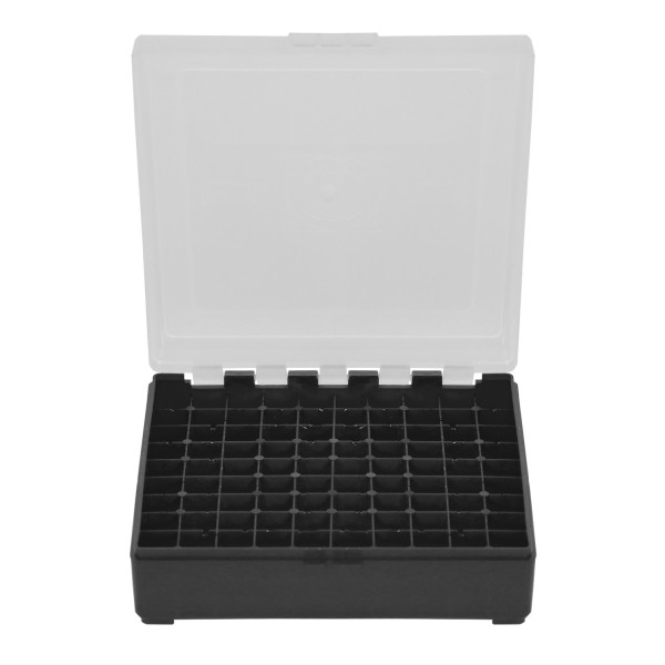 Boîte de rangement munitions Megaline noire couvercle transparent 100 cartouches cal 22LR et 25 ACP