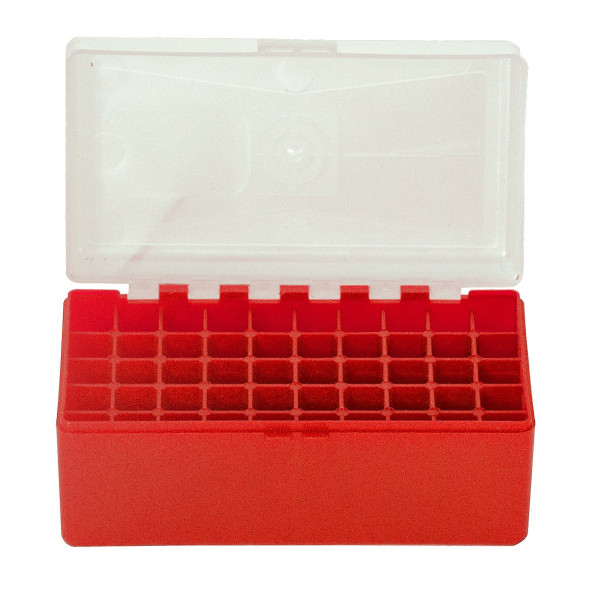 Boîte de rangement munitions Megaline rouge couvercle transparent 50 cartouches calibre 45LC/44 Mag