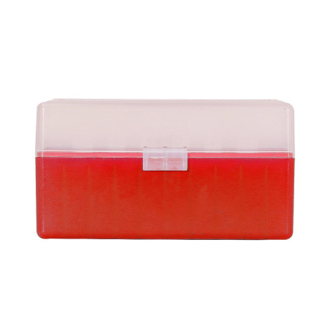 Boîte de rangement munitions Megaline rouge couvercle transparent 50 cartouches calibre 45LC/44 Mag