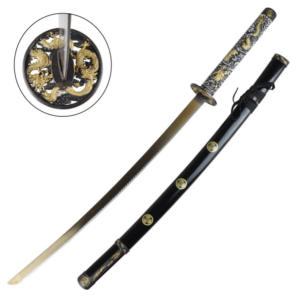 Katana ornemental coloris or motif dragon décoratif