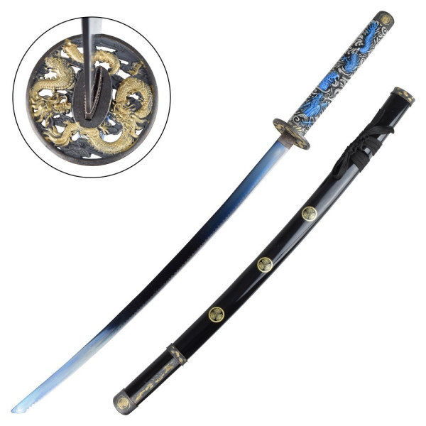 Katana ornemental lame bleue décor dragon décoratif