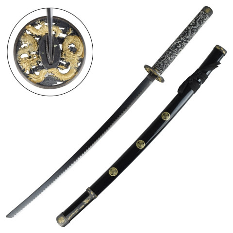 Katana ornemental noir tsuba dragon - lame décorative