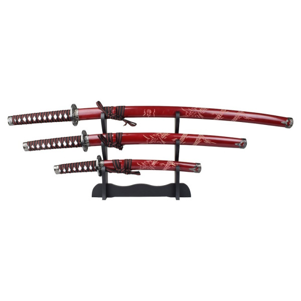 Set Katana Wakizashi Tanto rouge décoratif 3 pièces
