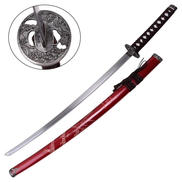 Katana ornemental rouge - fourreau dragon, tsuba métal